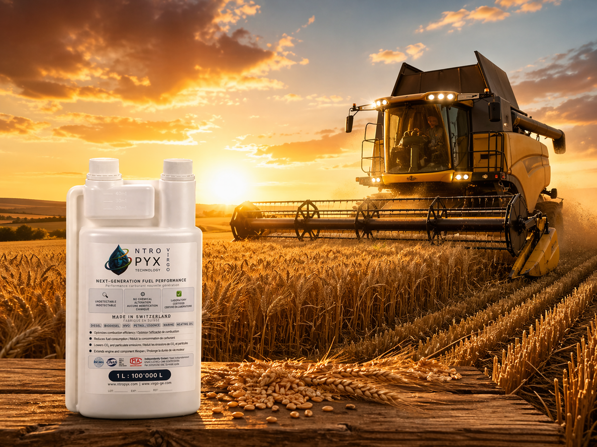 Harvester at work in a wheat field at sunset, with NTROPYX® dispenser bottle in the foreground
