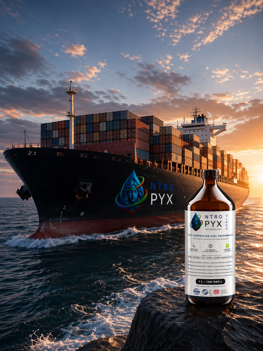 Bouteille NTROPYX composée avec un porte-conteneurs au coucher du soleil, représentant l'application transport maritime