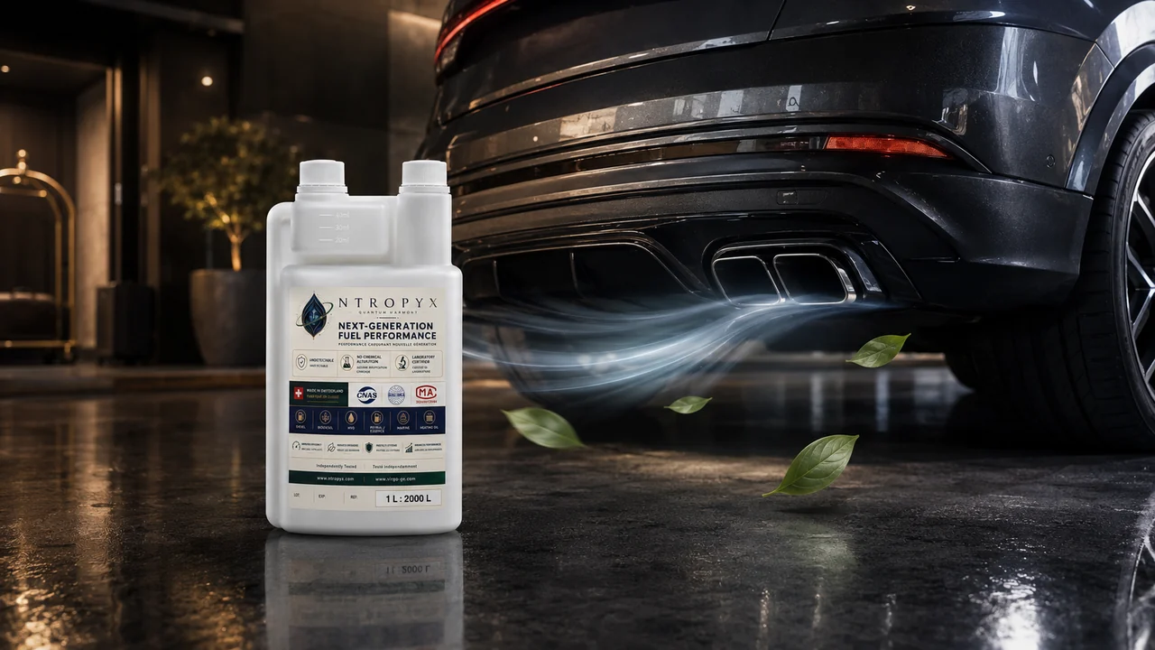 NTROPYX white bottle for road and standard fuels beside a car exhaust