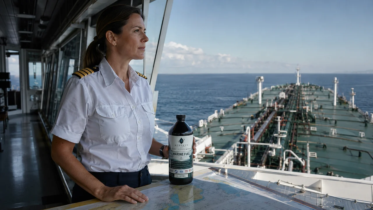 NTROPYX marine fuel bottle held by a ship officer on a tanker bridge