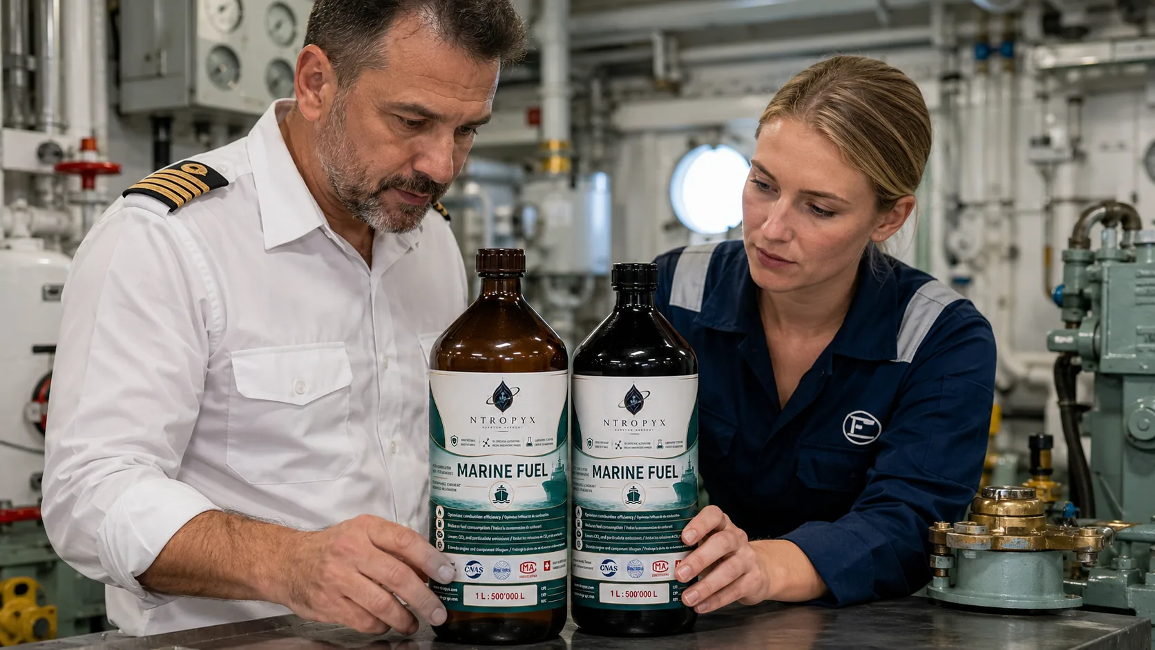 Two ship officers examining NTROPYX Marine Fuel bottles in an engine room
