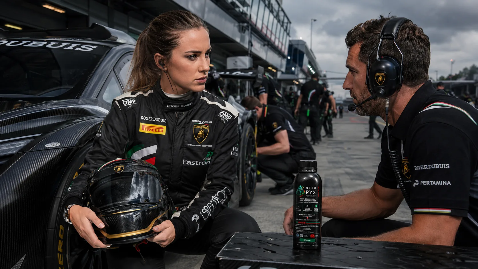 Race driver and engineer beside a NTROPYX Race bottle in the pit lane