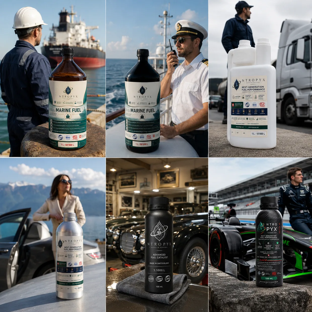 NTROPYX bottles across road, marine, car and race operating contexts