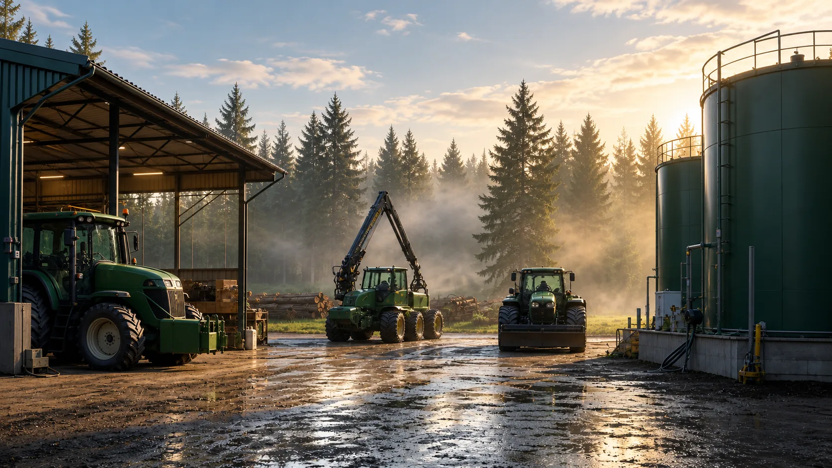 Agriculture and forestry machinery in a clean fuel depot at dawn