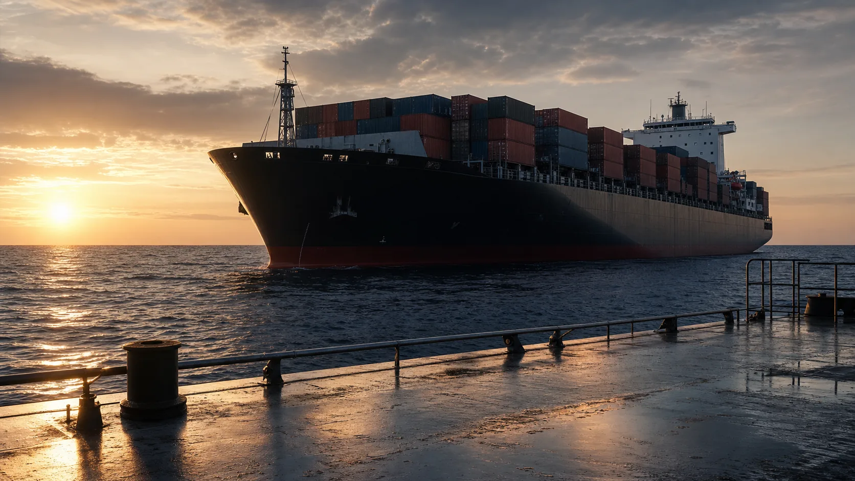 Container vessel under way at sunset, seen from the quay