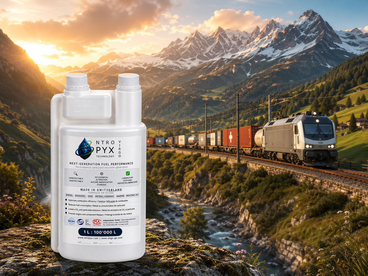 Diesel locomotive on a mainline track at sunset, with NTROPYX&reg; dispenser bottle in the foreground